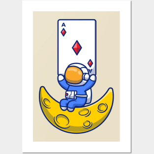 Cute Astronaut Holding Diamond Card On Moon Posters and Art